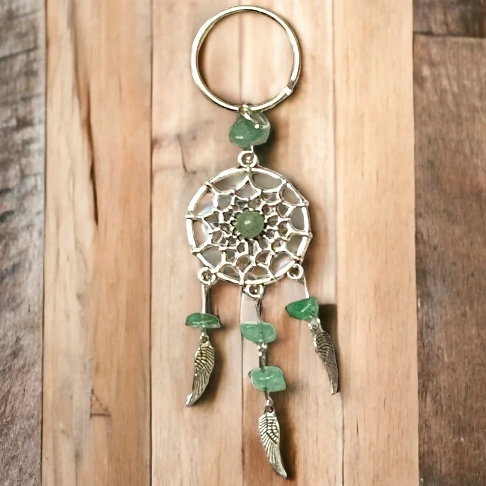Dream Catcher Keyring Boho Native American Feathers Sea Glass Greens Silver Gift